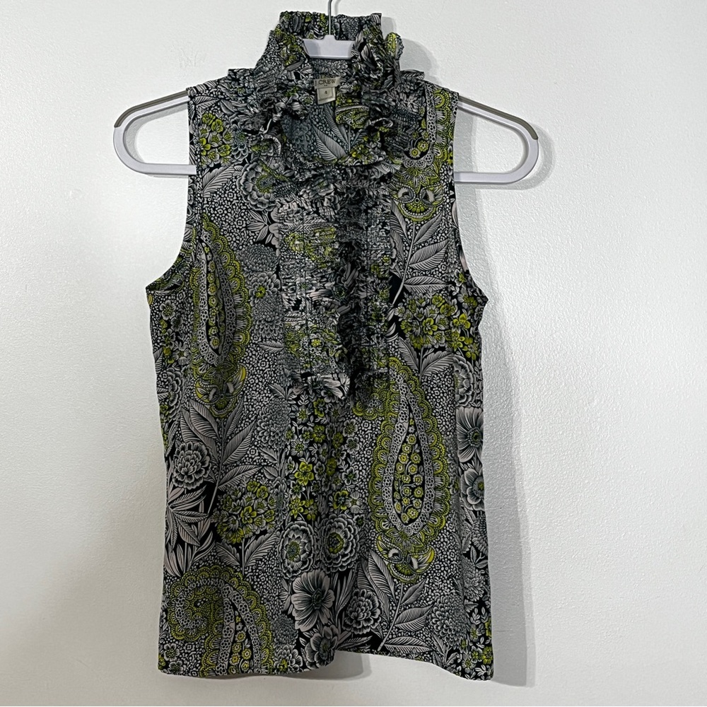 J. Crew Factory Gray Green Paisley Print Ruffle Neck Blouse